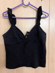 Black Tie-Front Ruffle Strap Top