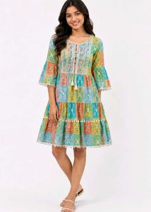Boho Tiered Block Print Midi Dress