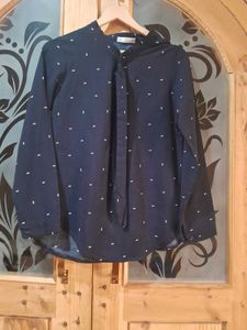 Elegant Navy Blue Tie-Neck Blouse