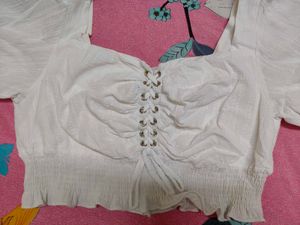 White Lace-up Puff Sleeve Top