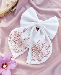 White Floral Embroidered Hair Bow