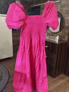 Vibrant Pink Puff Sleeve Midi Dress