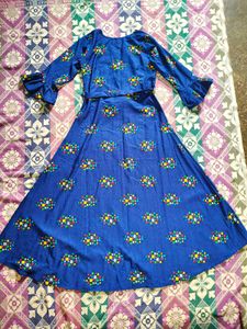 Blue Printed Midi Dress with Belt