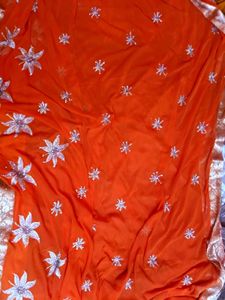 Orange Floral Embroidered Saree