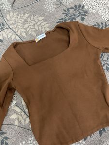 Brown Square Neck Long Sleeve Top