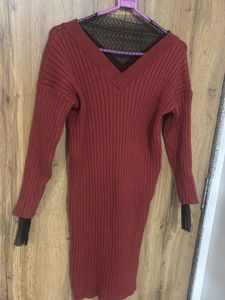 Ribbed V-Neck Midi Dress with Fringe Sleeves