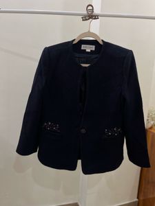 FOX LADY NAVY BLUE FLORALEMBROIDERED POCKET BLAZER