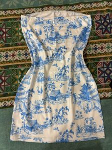 Blue Toile Print Tube Dress