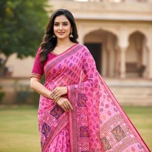 Pink Printed Saree with FREE Cotton Towel |