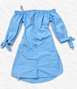 Light Blue Off-Shoulder Button-Up Dress