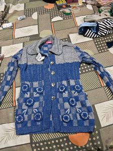 Blue & Grey Knit Cardigan with Floral Detail
