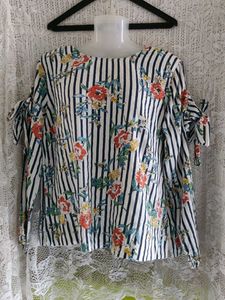 Chic Striped Floral Cold Shoulder Top