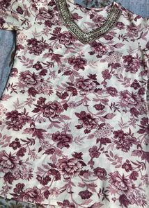 Floral Print Kurta with Embellished Neckline