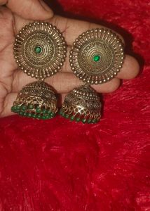 Antique Jhumka Earrings with Green Beads