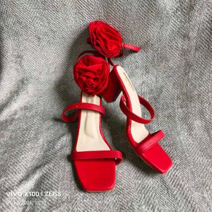 N. Red Rose Embellished Block Heels