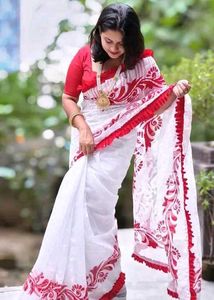 77)Elegant White with Red Lace Border Saree