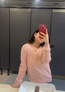 Light Pink Ribbed V-Neck Sweater