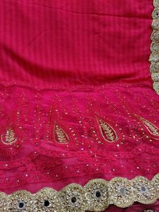 Vibrant Pink Embroidered Saree with Gold Border