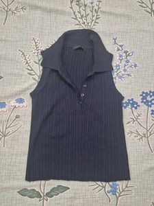 Navy Blue Ribbed Sleeveless Collared Top