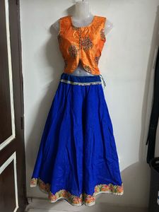 Orange Embroidered Crop Top & Blue Skirt Set