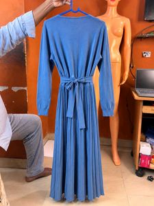 Blue Wrap Pleated Midi Dress