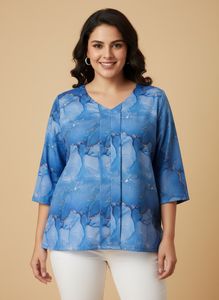 V-Neck Blue Marbled Print Top
