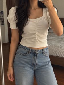 White Ruched Puff Sleeve Top