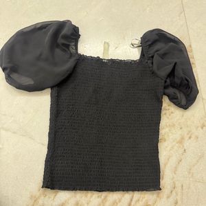 Black Smocked Puff Sleeve Top