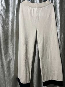 Cream Wide Leg Pants with Black Hem
