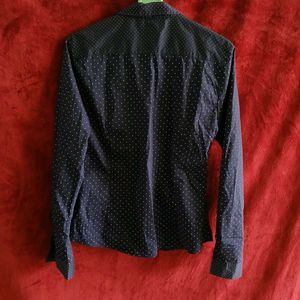 Navy Blue Polka Dot Silky Shirt Top Women