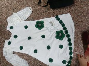 White Kurta with Green Floral Embellishments