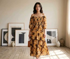 korean Off-Shoulder Floral Print Midi Dress