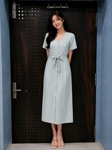 Striped V-Neck Button-Front Dress