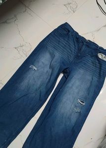 Blue Distressed Wide Leg Jeans