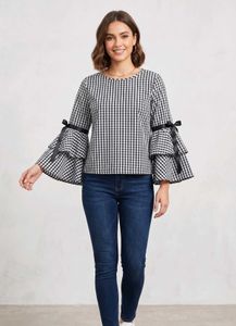 Gingham Bell Sleeve Top with Ribbon Ties
