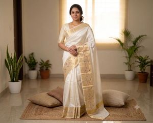 new golden and white south indian saree