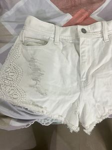 White Lace Detail Ripped Denim Shorts