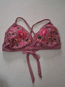 XL Pink Embroidered Crochet Bikini Top