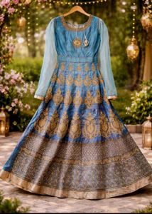 Stunning Blue &amp; Gold Embroidered Lehenga Choli