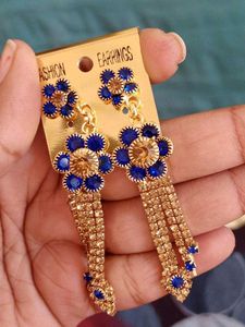 Blue Golden Stone Work Earings