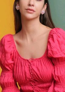 Chic Pink Lace-Up Puff Sleeve Top