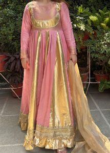 Elegant Pink &amp; Gold Anarkali Gown without bottom