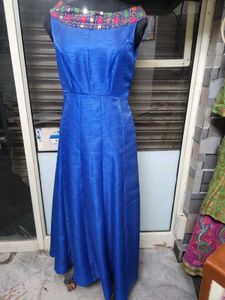 Elegant Blue Embellished Neck Dress