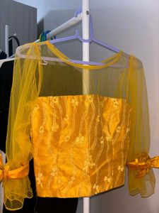 Net Sleeve Yellow Blouse Top