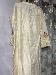 Embroidered Cream lace kurti with trouser