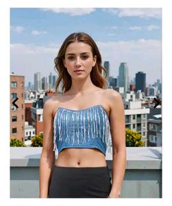 shein Denim Beaded Fringe Tube Top
