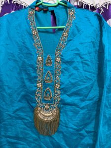 Teal Kurta with pant Embellished Neckline