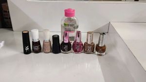 Combo Of 7 Nail Paints, 1 Nybae Concealer Foundation, Garnier Micellar Cleansing Water And Charcoal Gel Peel Off Mask