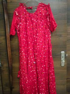 Red Printed Kurta with Ruffle Neck