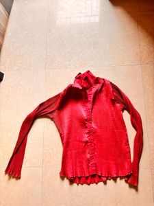 Red Pleated Long Sleeve Top